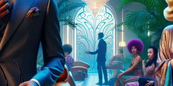 A vibrant beauty salon scene with a surprised male protagonist and a mysterious female owner amidst diverse clients.