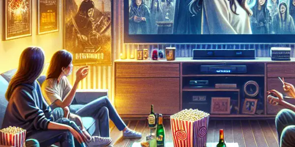 A cozy living room scene with friends watching a Korean movie, filled with snacks and lively discussions.