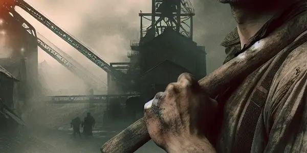 A weary Korean laborer stands on a war-torn coal mining island, symbolizing hope amid danger and oppression.