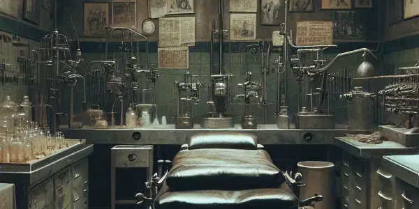 A dimly lit laboratory filled with unsettling medical equipment and shadowy figures, reflecting Japan's Unit 731's dark history.