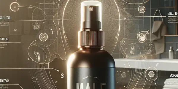 A modern bathroom scene featuring a sleek AV delay spray bottle, fitness elements, and an infographic overlay on men's health.
