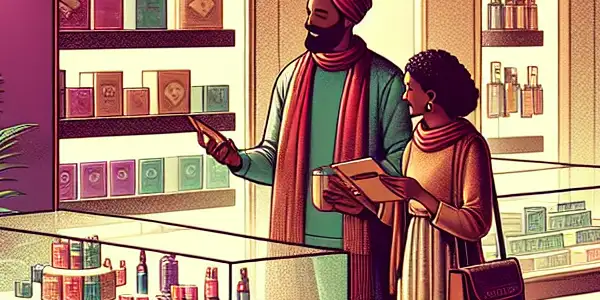 A modern adult novelty store interior with a couple exploring products, showcasing joy and inclusivity.