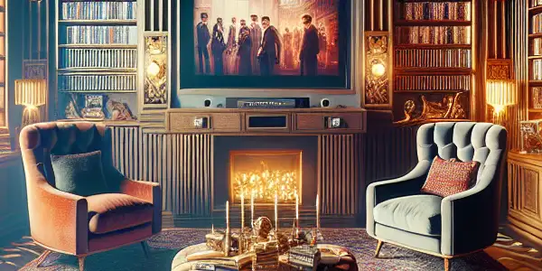 An elegant library filled with classic adult film DVDs, plush seating, and a warm, inviting atmosphere.