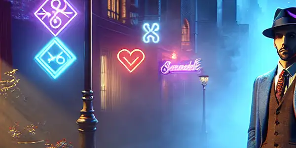 A mysterious character in vintage attire stands in a dimly lit, neon-lit alleyway of a noir cityscape.