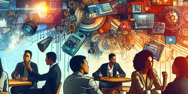 A vibrant digital landscape showcasing diverse individuals discussing the social and economic impacts of adult content in a modern setting.