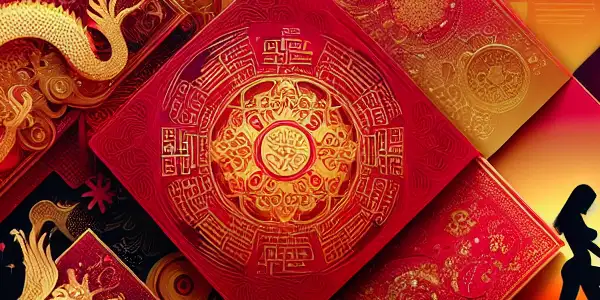 A vibrant red envelope adorned with gold patterns, surrounded by playful silhouettes and digital elements symbolizing modern adult entertainment.