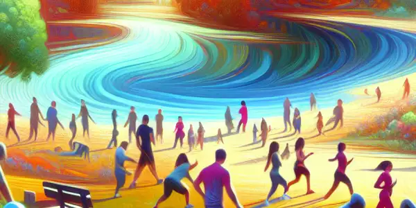 A diverse group of people engaging in wellness activities in a serene outdoor setting filled with nature.