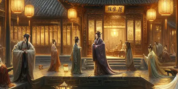 A vibrant ancient Chinese courtyard scene with characters in elaborate Hanfu, engaging in a subtle dialogue by a serene pond.