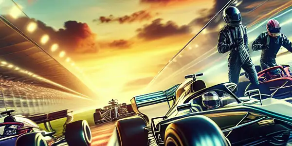 A thrilling racetrack scene with modern cars, enthusiastic drivers, and a vibrant sunset backdrop.