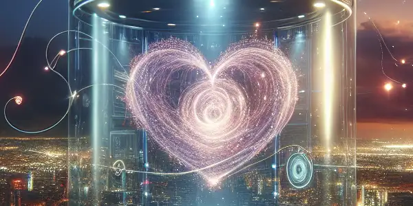 A futuristic digital landscape featuring a secure data vault, holographic interfaces, and abstract representations of passion against a city skyline.