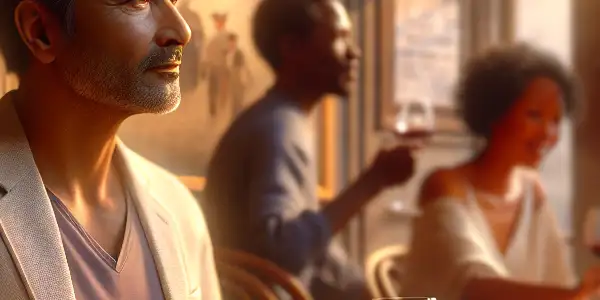 A contemplative man enjoys red wine in a cozy café, while a blurred woman converses with friends in the background.