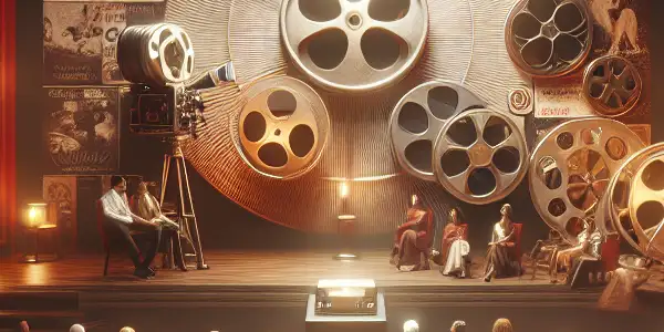 A vintage cinema hall with red velvet seats, a film projector, and diverse individuals discussing classic adult films.