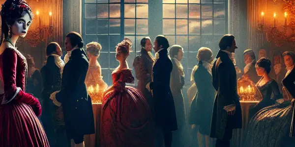 A mysterious woman in a red gown contemplates in an opulent ballroom filled with aristocrats and hidden emotions.