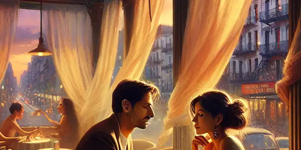 A couple shares a tender conversation in a cozy, dimly-lit café at twilight, surrounded by artistic decor.