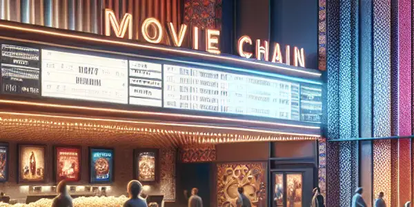 A bustling modern cinema lobby with diverse people, plush seating, digital screens, and a stylish concession stand.