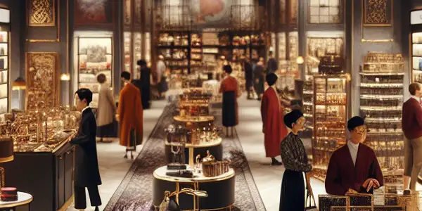 A sophisticated adult merchandise store with diverse customers exploring luxurious products in a warm, inviting atmosphere.