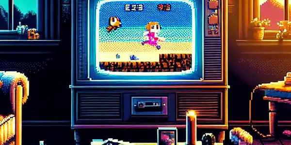 A cozy retro gaming setup with a vintage TV, pixelated game screen, and nostalgic decor.