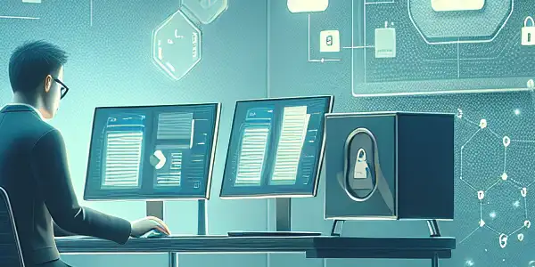 A middle-aged Asian professional manages digital files in a secure, high-tech office, emphasizing privacy and data protection.