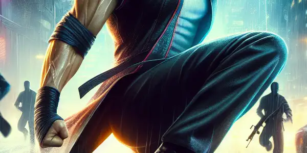 A powerful male martial artist in action against a dramatic urban backdrop with neon lights and shadowy figures.