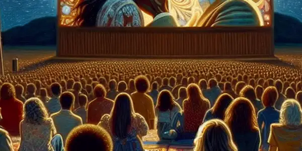 An outdoor film screening under a starlit sky, featuring a diverse LGBTQ+ audience celebrating love and community.