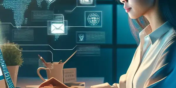 A serene workspace with a person focused on a laptop, surrounded by cybersecurity symbols and calming decor.