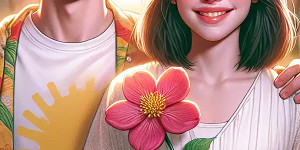 A young couple smiles at each other in a sunlit park filled with cherry blossoms, holding a red flower.