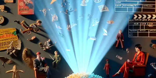 A cozy cinema filled with diverse moviegoers discussing hidden film surprises, surrounded by whimsical film-themed items and vintage posters.