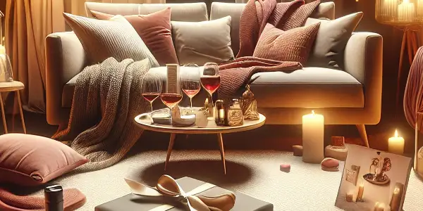 A cozy living room scene featuring an elegant delivery package for an adult entertainment service, surrounded by intimate decor.