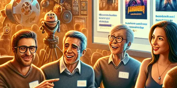 A diverse group of film enthusiasts animatedly discussing movies around a computer screen displaying a vibrant online movie forum.