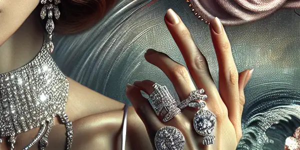 A glamorous female character adorned with silver accessories on a stylish film set, evoking sensuality and sophistication.