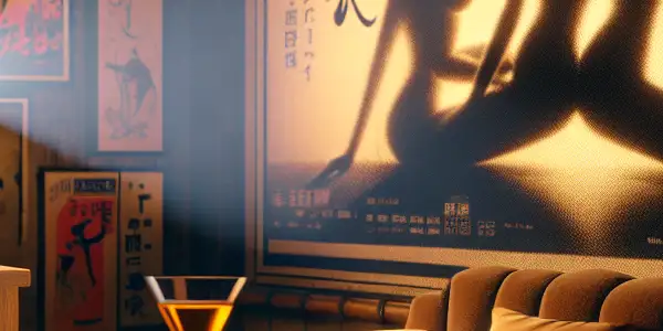 A cozy, dimly lit room adorned with vintage film posters, sake, and origami, evoking the allure of Japanese adult cinema.<a href=