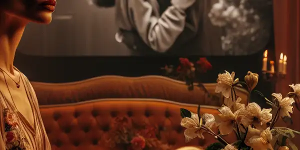 A contemplative woman in a vintage living room reflects on love and betrayal, with classic film imagery in the background.