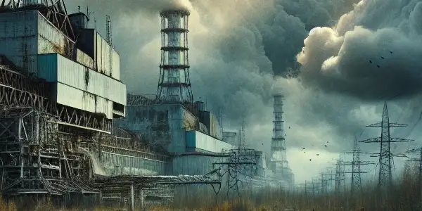 Desolate Chernobyl landscape with overgrown ruins, a weathered sign, cooling towers, and somber figures reflecting on the disaster.