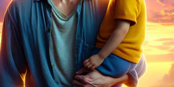 A father and son share a heartfelt moment in a whimsical landscape, symbolizing their emotional bond and journey together.