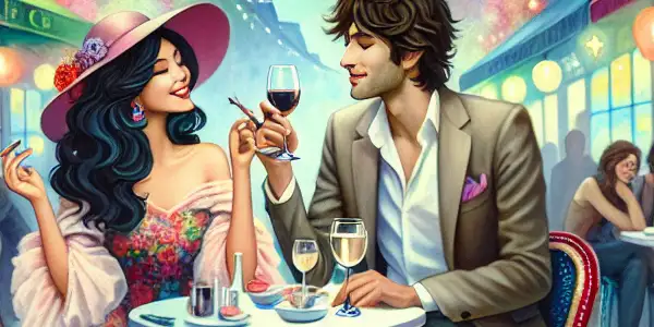 A young couple shares a playful moment in a vibrant Parisian café, surrounded by flowers and whimsical elements.