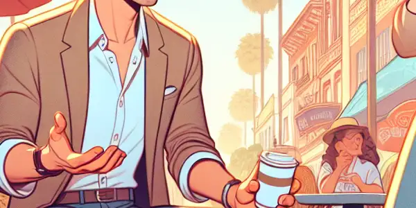 A lively urban café scene featuring a surprised man and a smiling woman reuniting, surrounded by colorful street art.