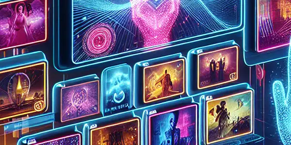 A futuristic digital database interface showcasing adult-themed content with vibrant neon colors and user-friendly navigation.