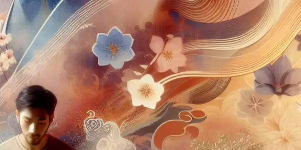 A serene living space with a person meditating, surrounded by symbols of wellness and subtle Japanese cultural elements.