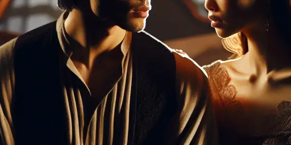 A stylish couple shares an intimate moment in a dimly lit, elegant bedroom filled with romantic tension.