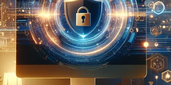 A modern computer setup in a cozy home, symbolizing safe browsing for adult content with security elements.