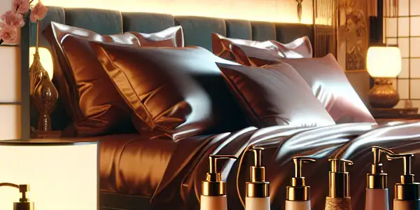 A luxurious bedroom setting emphasizing intimacy, featuring a plush bed, elegant adult toys, and tasteful decorations.