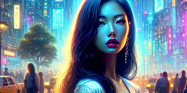 A young Asian woman navigates a neon-lit Hong Kong street, embodying allure and vulnerability amidst urban temptation.