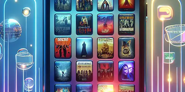 A futuristic mobile interface displaying diverse adult film genres with vibrant thumbnails and a tech-savvy atmosphere.