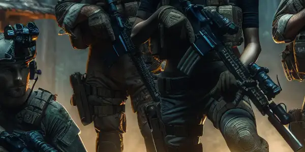 A Navy SEAL team operates in a dense jungle at twilight, balancing action with camaraderie and relaxation.