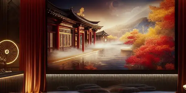 A luxurious adult entertainment room featuring plush seating, ambient lighting, and a large screen displaying adult film scenes.