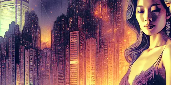 A romantic couple in a vibrant Hong Kong nightscape, surrounded by neon lights and urban architecture.