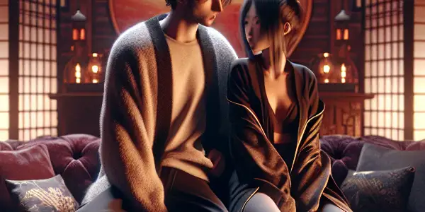 A dimly lit room with two characters expressing desire and conflict, surrounded by Japanese decor and intimate ambiance.