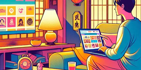 A cozy living room with a gender-neutral person on a sofa, engaging with a laptop displaying adult content.