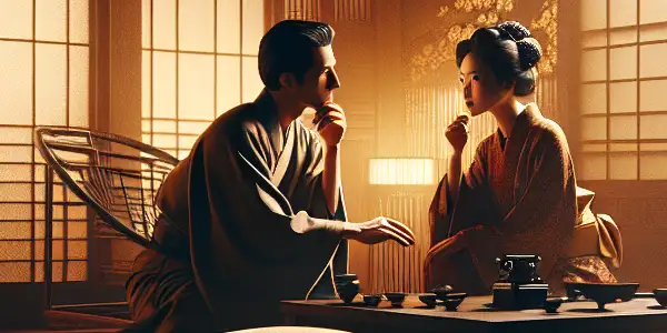 A couple shares an intimate moment in a dimly lit, elegantly decorated Japanese room.