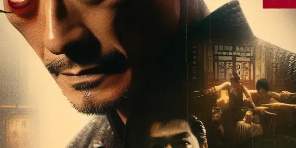 Cinematic poster of Xu Jinjiang in a dramatic Qing dynasty outfit, set in a moody historical Hong Kong backdrop.